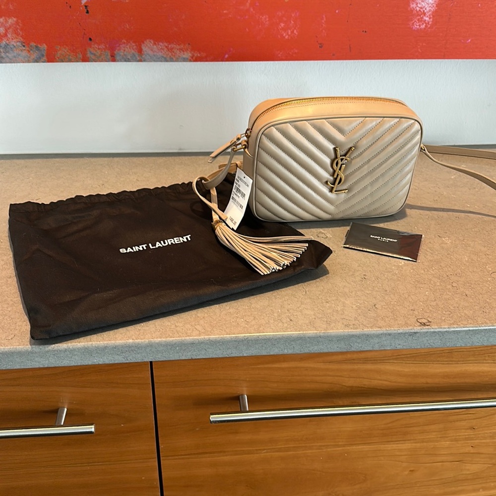 Yves Saint Laurent Beige Quilted Leather Camera Crossbody with Gold YSL Logo